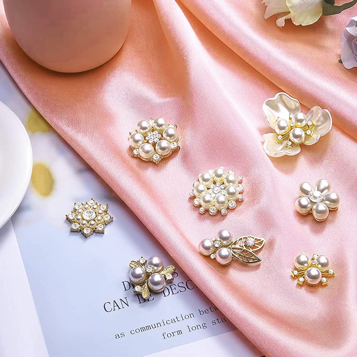 SANNIDHI Pearl Rhinestone Brooch Buttons for DIY Crafts featuring Alloy Flower Flat Backs | 11pcs Embellishments for Jewelry, Bags and Clothes