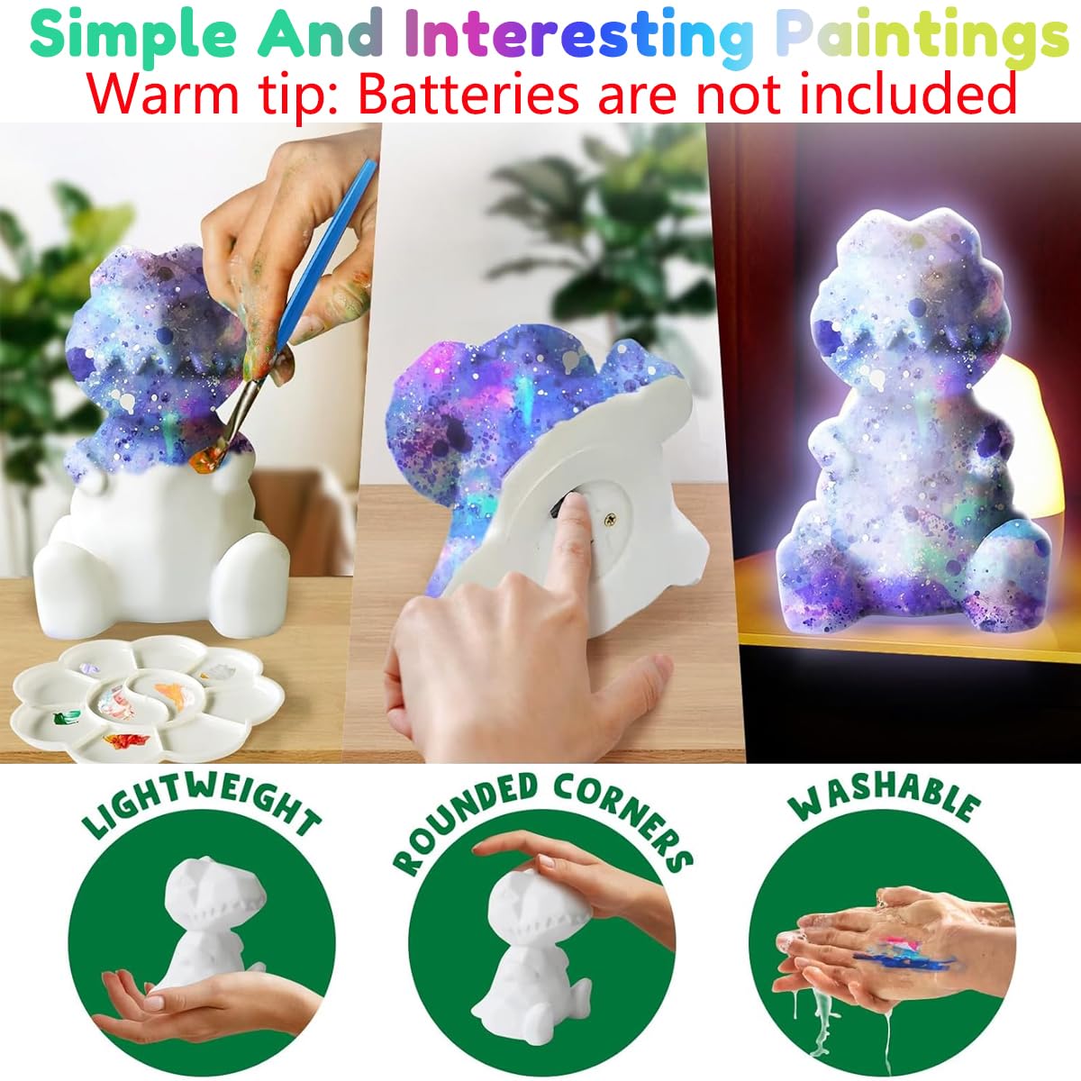 PATPAT DIY Paint Your Own Dinosaur Lamp with 12 Color Paints for Kids & Teens | 4.3in Glow-in-the-Dark Craft Kit