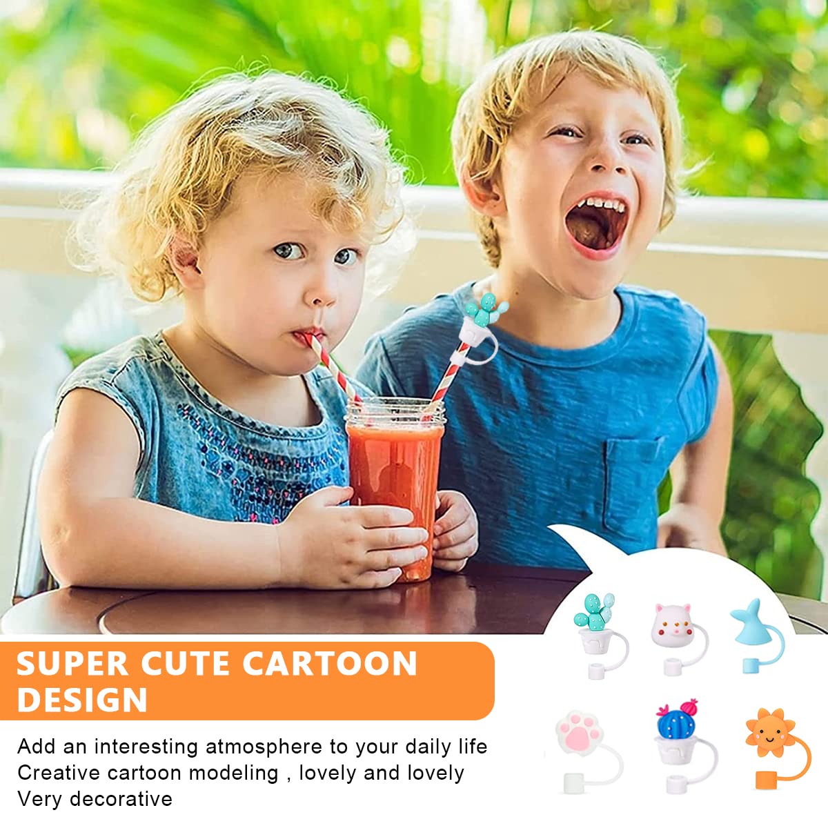 HASTHIP Silicone Straw Tips Cap for 6–8 mm Reusable Straws with Anti-Lost Loop | 6pcs Dustproof Cartoon Lids for Kids