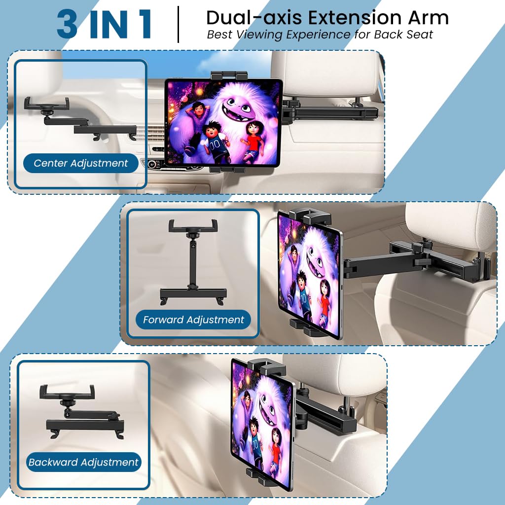 STHIRA Tablet Holder for Car Headrest with 3 in 1 Adjustable Extension Arm | 4.7–12.9 in Universal Mount