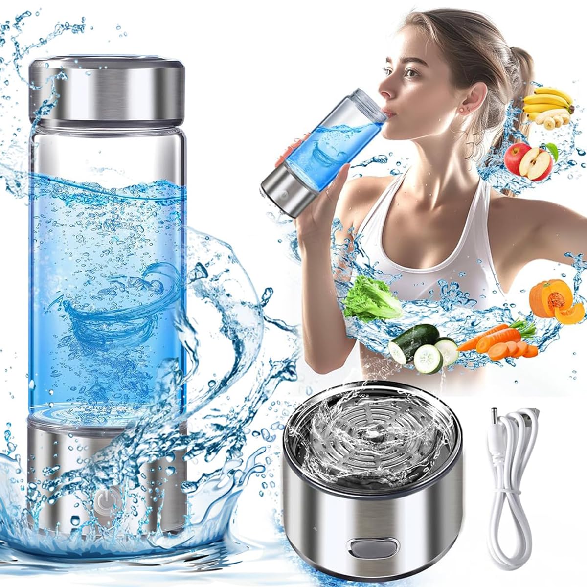 HASTHIP Glass Water Bottle 420ml for Travel with Electrolysis Hydrogen Generator | High Boron Silicon Transparent Design