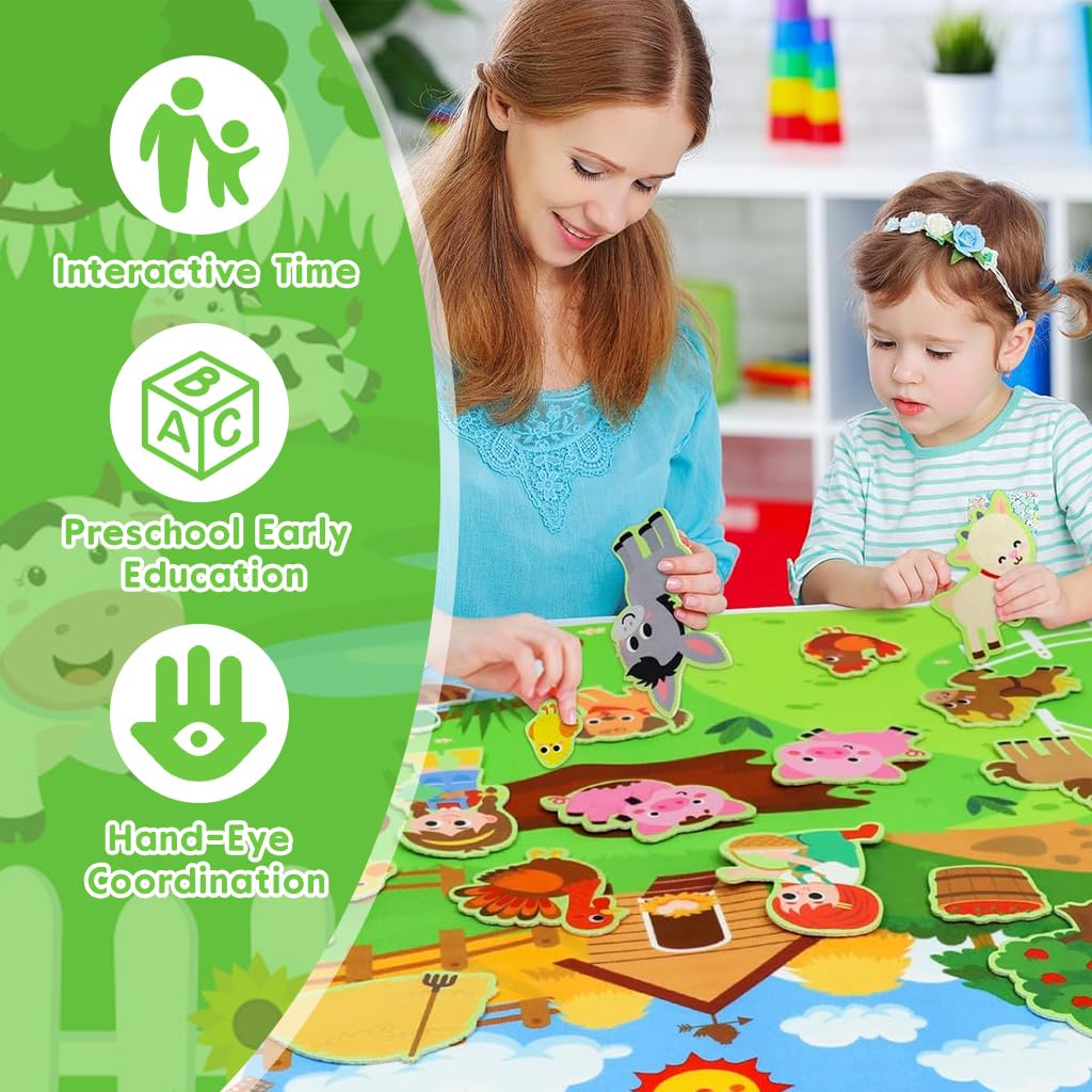 SNOWIE SOFT Farm Animals Busy Board for Toddlers with 109x71cm Felt Backdrop | Interactive Montessori Learning Toy