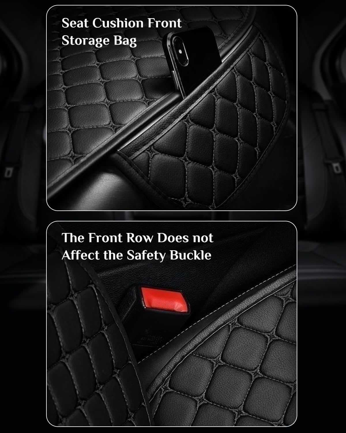 STHIRA Car Seat Covers 3Pcs Set with Anti Slip Silicone Dot & Storage Pouch | Black PU Leather for Front and Rear Seats Protection