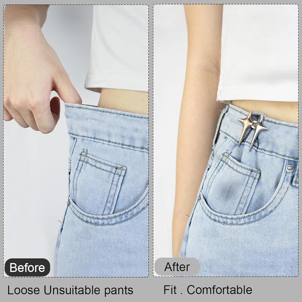 SANNIDHI® 2 Pairs Adjustable Waist Button for Unfit Pants Jeans Tightening Clips Size Adjuster Silver Star Instant Pins Tightener Detachable No Sewing for Pant Skirt 2PCS