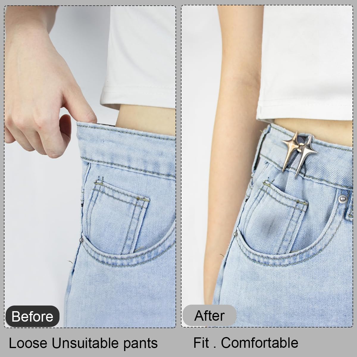 SANNIDHI Adjustable Waist Buckle for Jeans and Pants with Silver Star Design | 4 Sets Detachable No Sewing Metal Adjusters