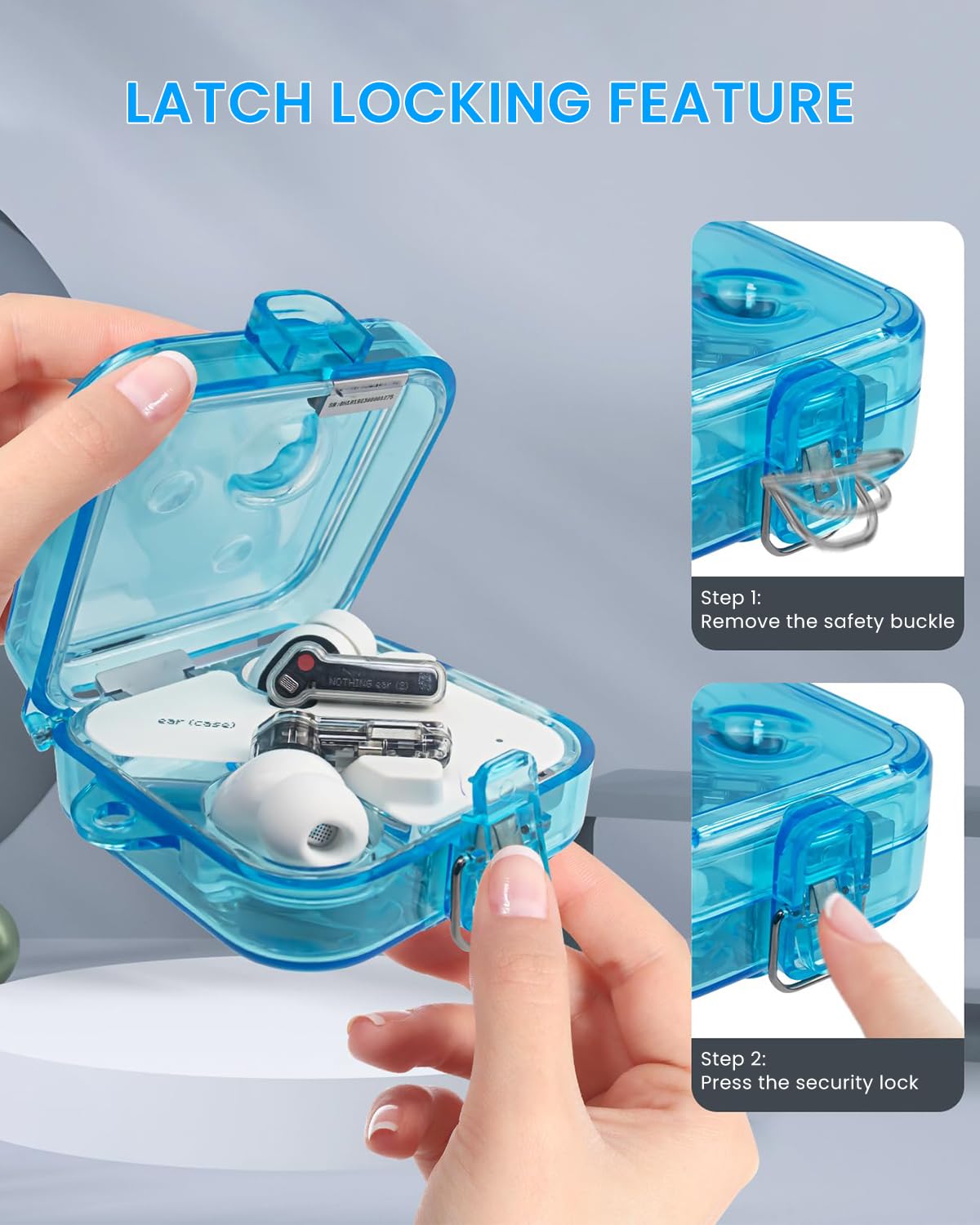 ZORBES PC Cover for Nothing Ear 2 Charging Case with Safety Lock and Lanyard | Semi‑Transparent Blue Protective Shell