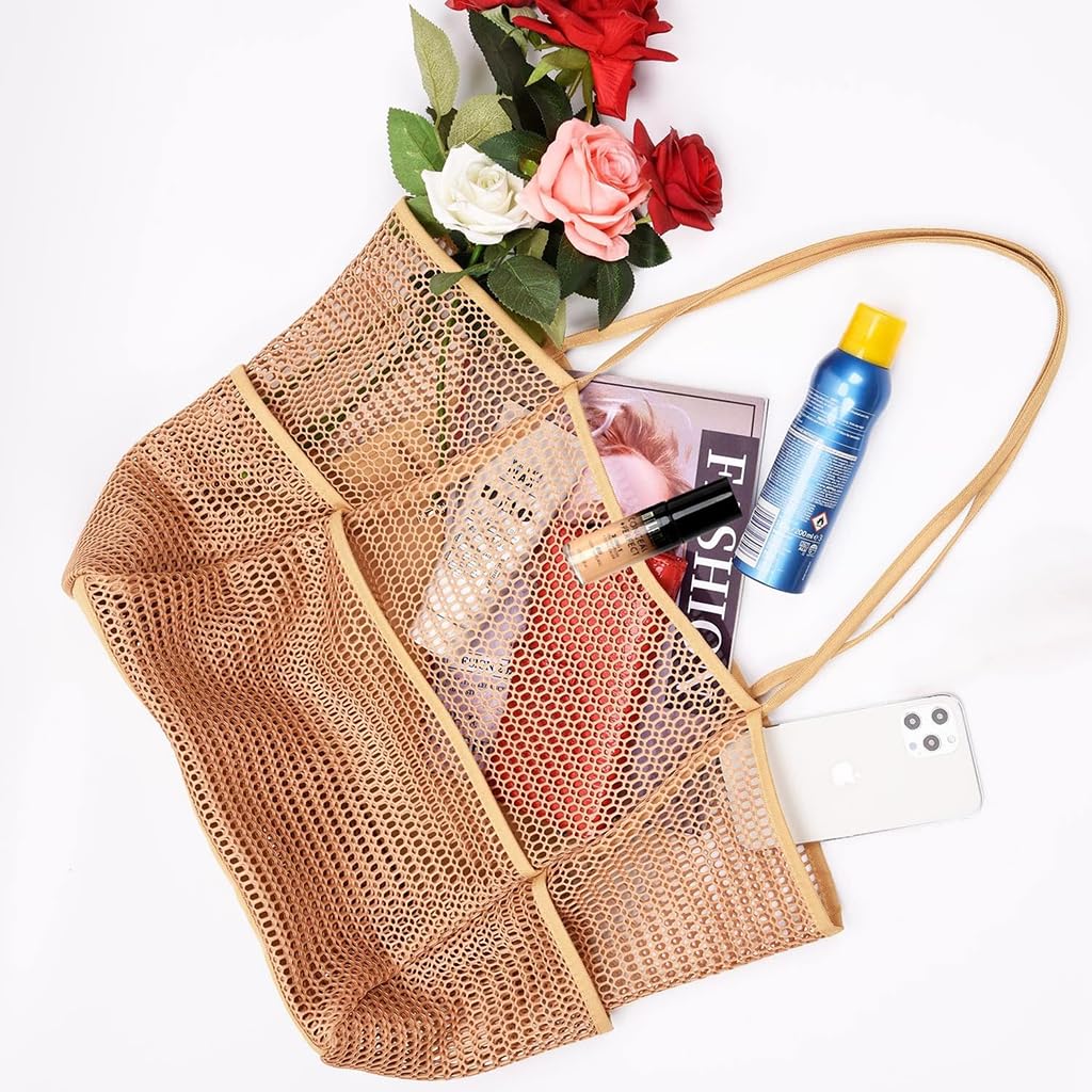 ZIBUYU Large Mesh Beach Bag Tote for Women with Waterproof Base and Multiple Pockets | Sand-Free and Lightweight for Travel, Pool or Picnic