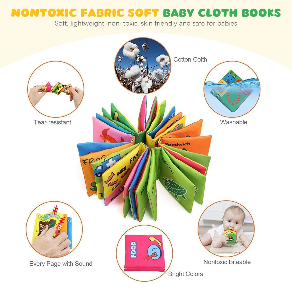SNOWIE SOFT Baby Cloth Books for Early Learning with 18 Pcs Set and Squeaky Waterproof Pages | Safe Fabric Toys for 0–12 Month Toddlers