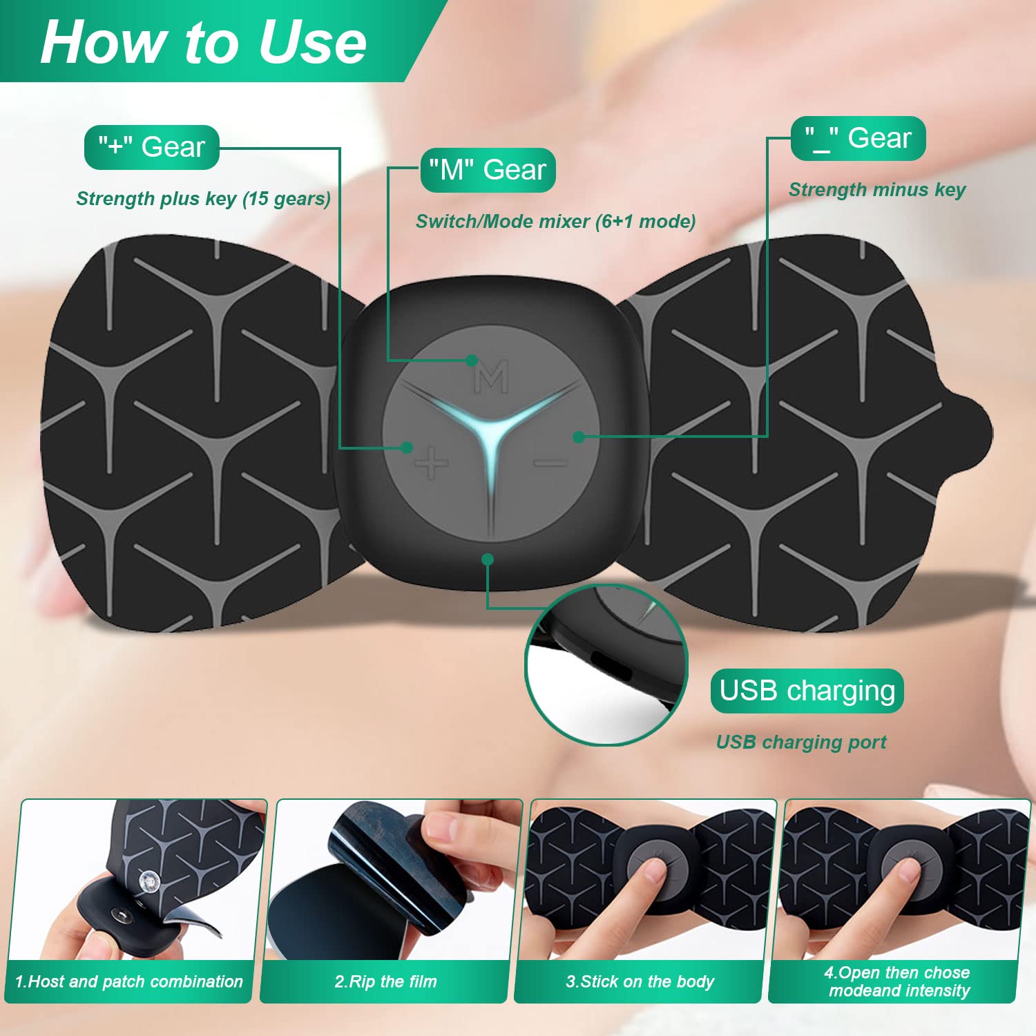 HANNEA® Body Massager Machine, Wireless Portable EMS Neck Massager with 2 Patches 6 Modes and 15 Strength Levels Rechargeable Pain Relief for Shoulder, Arms, Legs, Back for Men and Women(Black)