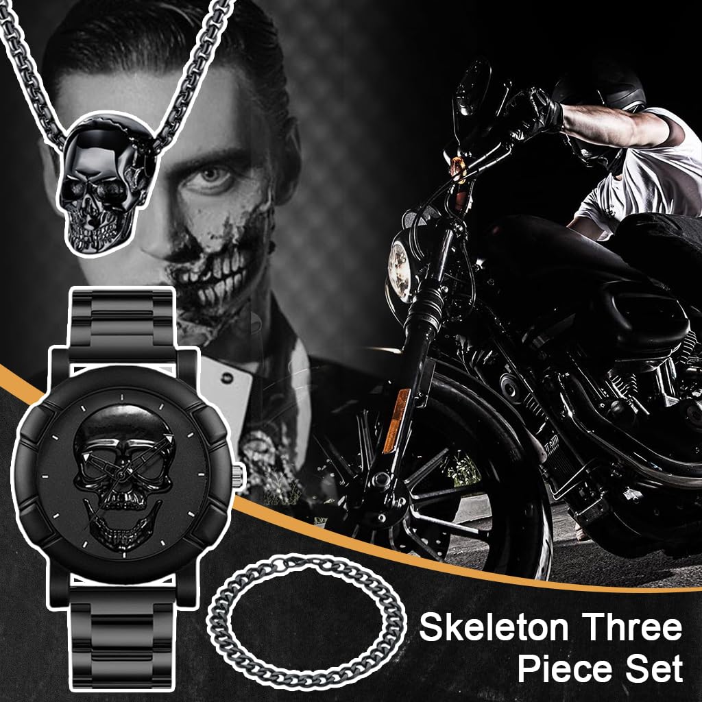 Proberos Skull Watch Bracelet Gift Set for Men with Alloy Steel Chain Necklace | 3‑Piece Jewelry Collection
