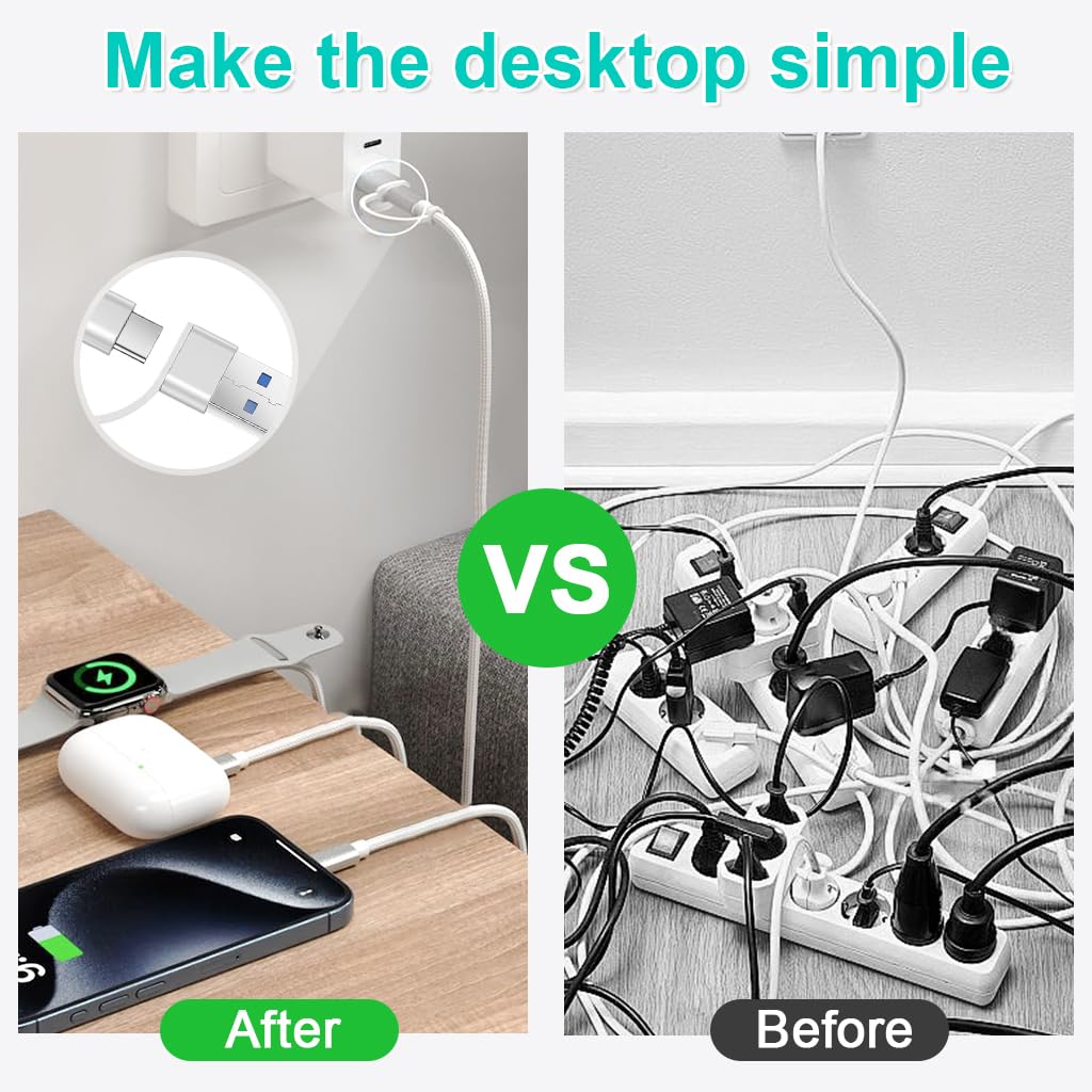 ZORBES 3 in 2 USB C Cable for Apple Watch and iPhone with Magnetic Charger 4.9ft | Nylon Braid