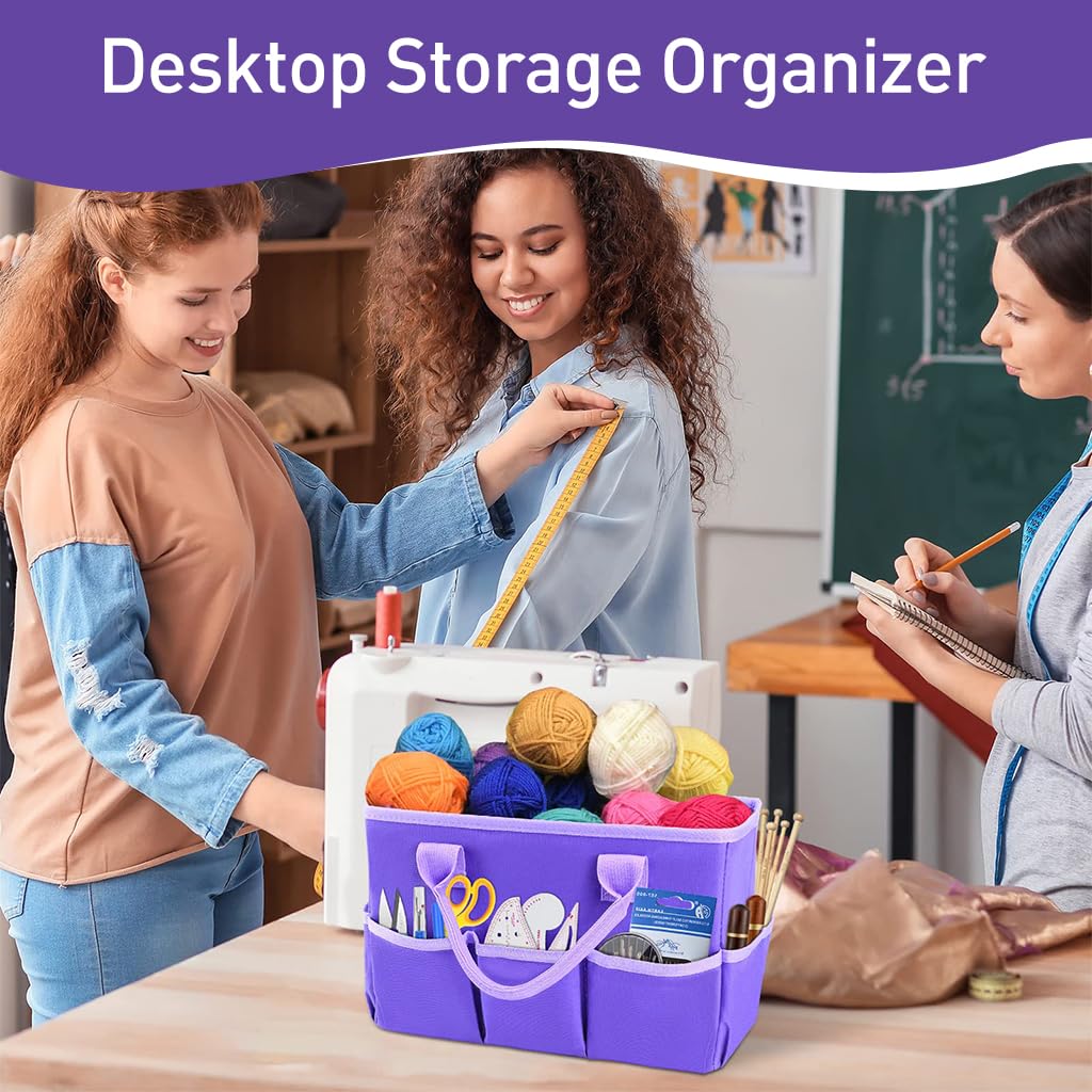 HASTHIP Art Supplies Organizer for Craft Storage with Multi Pockets and Handles 13x6x8.6 in | Oxford Fabric Purple Tote for Teachers and Artists