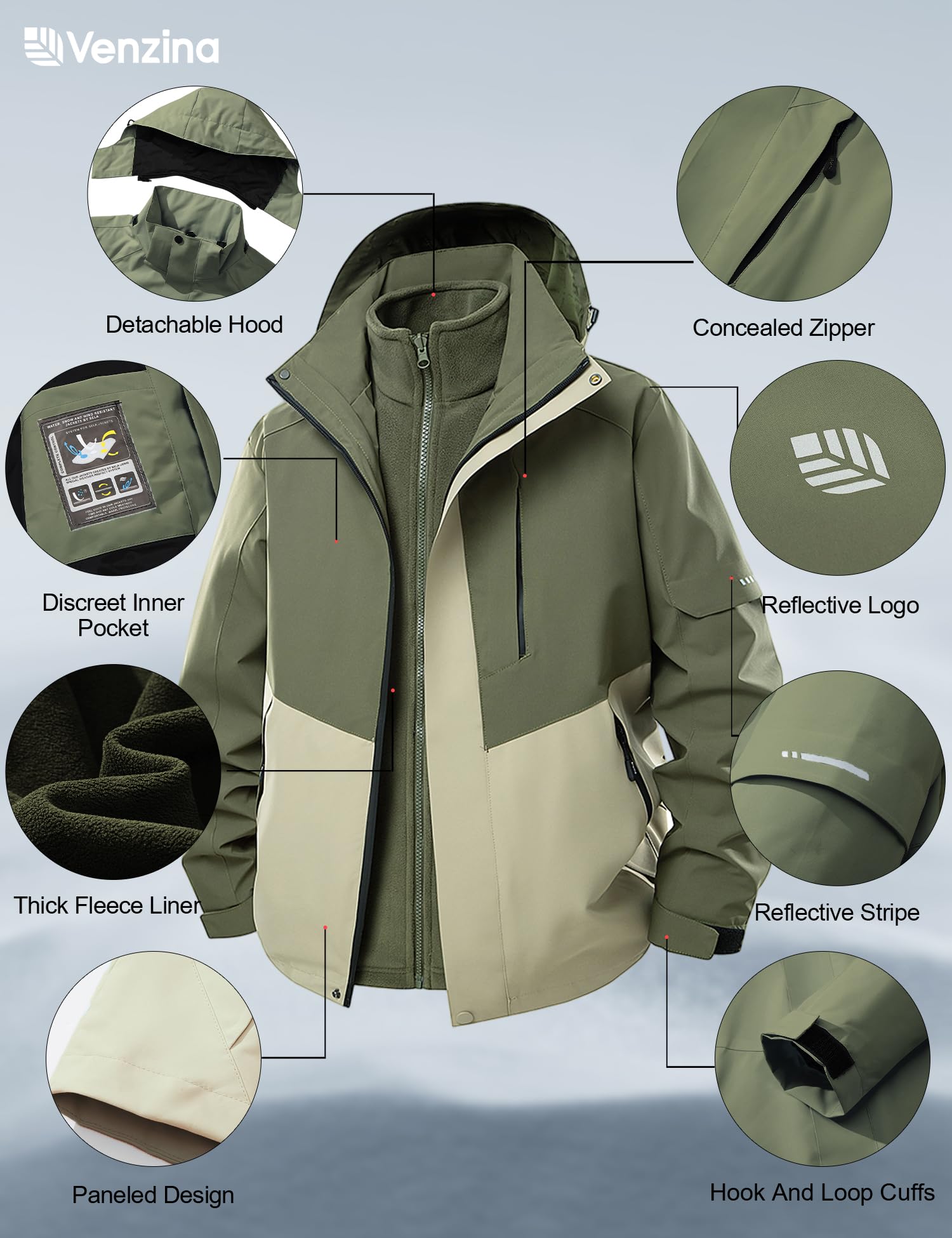 Venzina Men's 3 in 1 Outdoor Hiking Jacket with Detachable Fleece Liner for Winter Sports