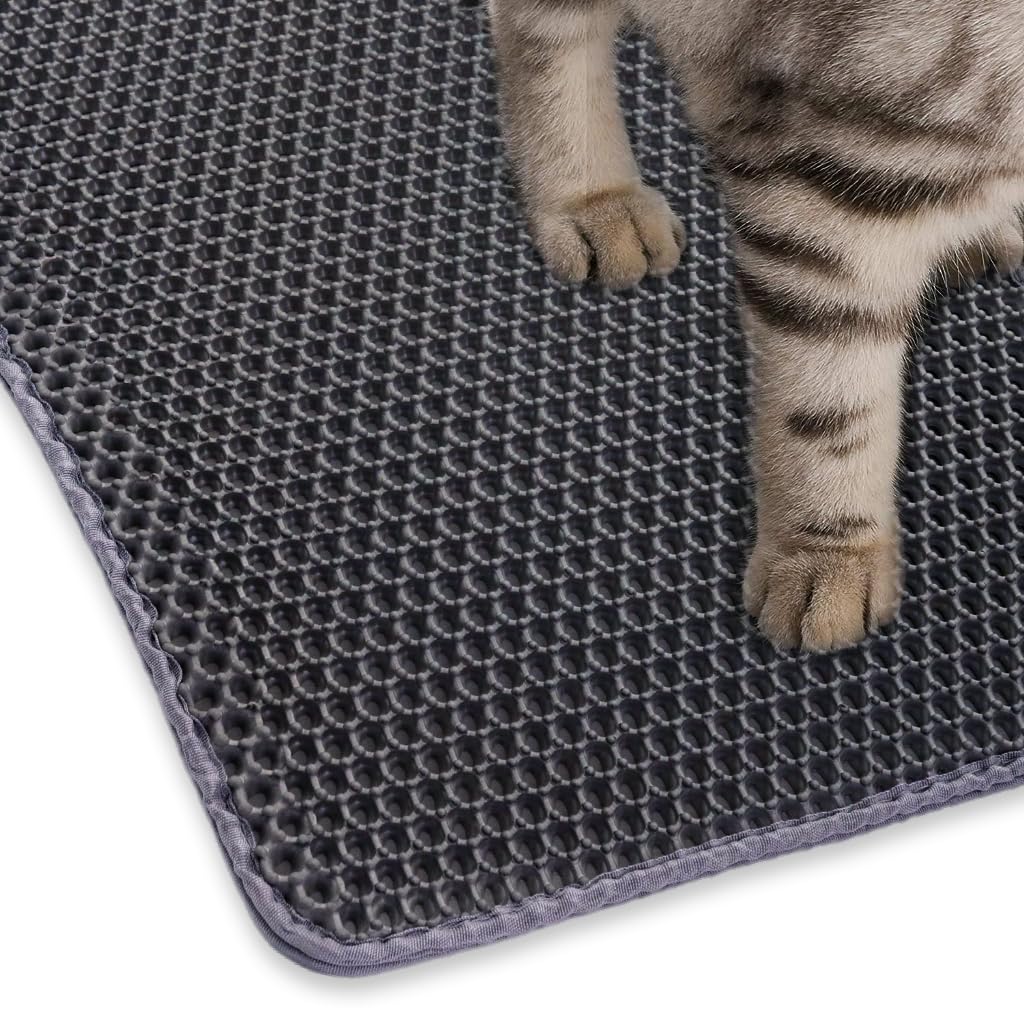 Qpets® Cat Litter Mat, 17.7 by 23.6 inches Litter Mat Double Layer Open Edge Design, Waterproof EVA Material, Durable and Washable, Cats Litter Box, Cat Litter Tray (Grey)