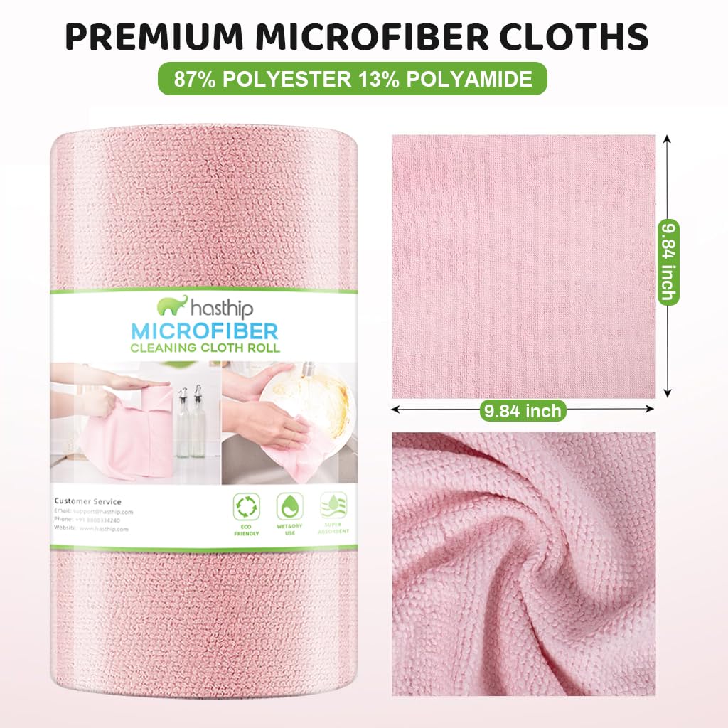 HASTHIP Microfiber Cleaning Cloth Roll 100 pcs for Kitchen with Pre Cut 25x25 cm Sheets | Reusable Lint Free Wipes