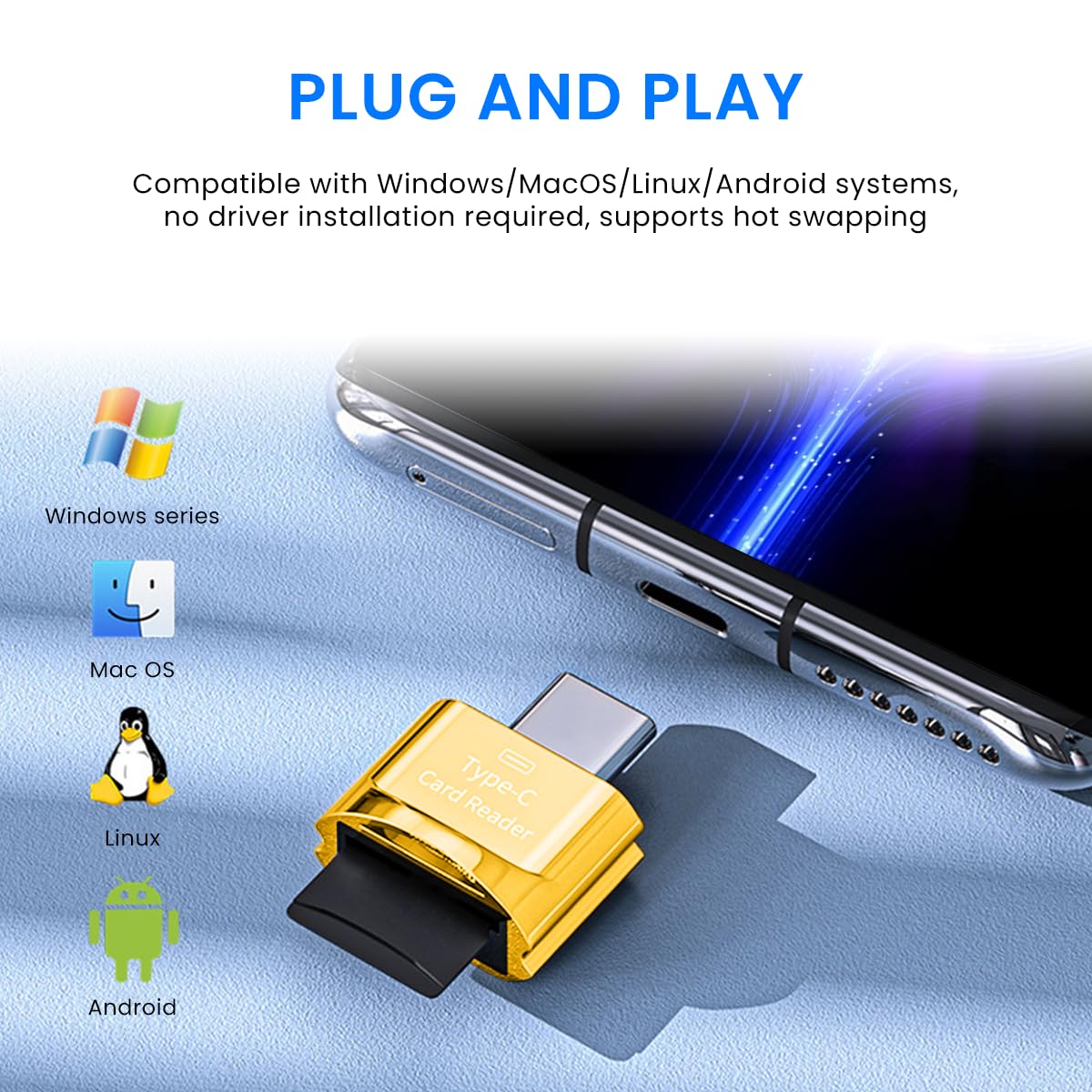 Verilux® TF Card Reader Type C Micro TF Card Reader Golden TF Card Reader with Keychain USB C to Micro SD SDHC SDXC OTG Memory Reader, Compatible with Phone with OTG Function, Instant TF Card Reader