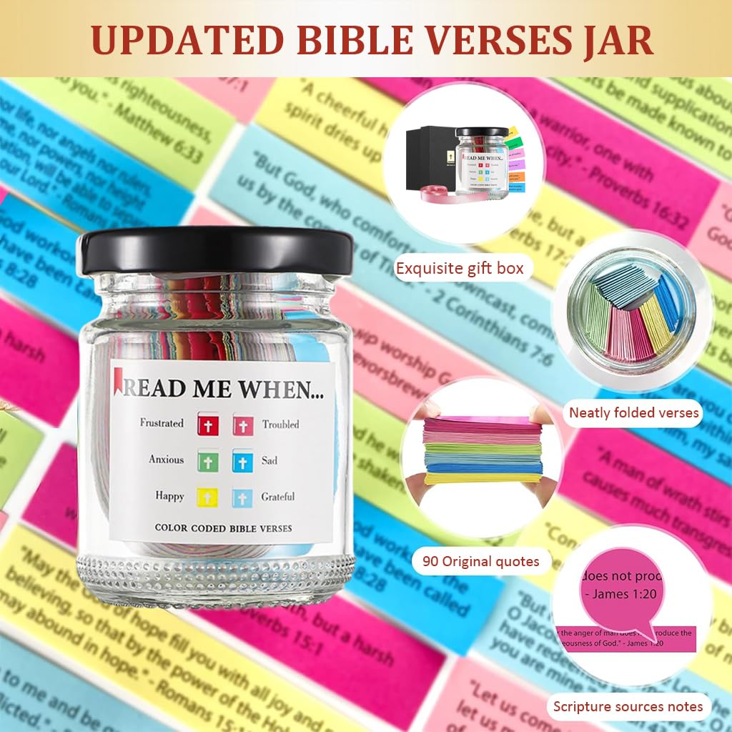 HASTHIP® Bible Verse Jar, Inspirational Bible Verse Jar Bible Verse Notes Glass Jar with 90Pcs Color-Coded Bible Verses Notes Christian Gifts Birthday Gift with A 48'' Ribbon Bow.