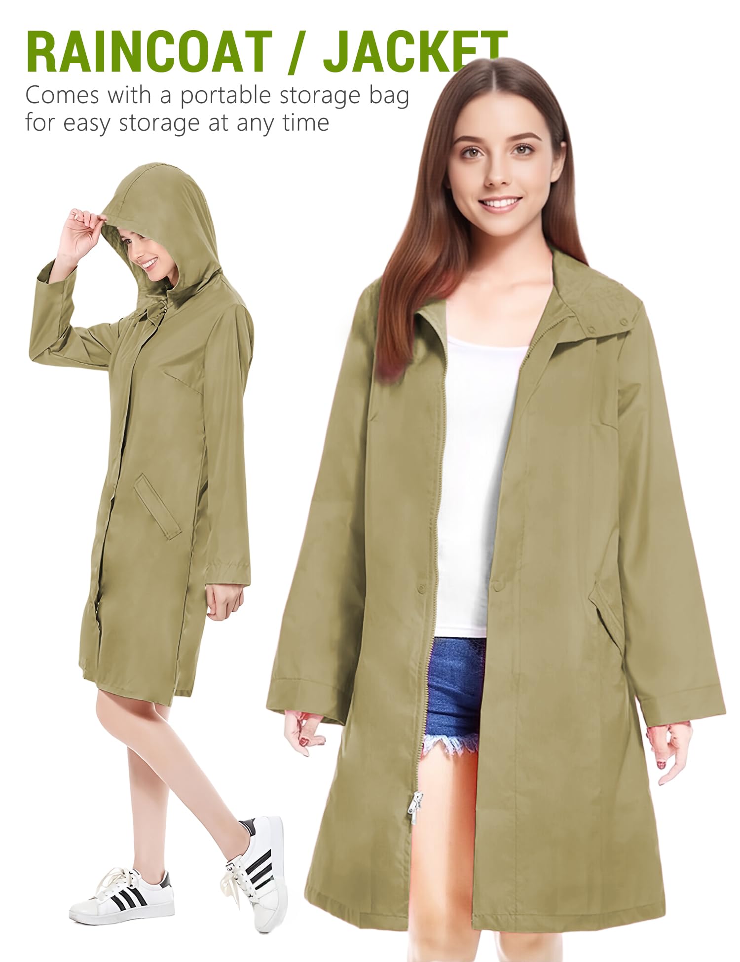 Venzina Raincoat for Women with Hood and Snap Button Front featuring Waterproof Nylon | Lightweight Knee Length Zip Up Design for Travel and Outdoor Use