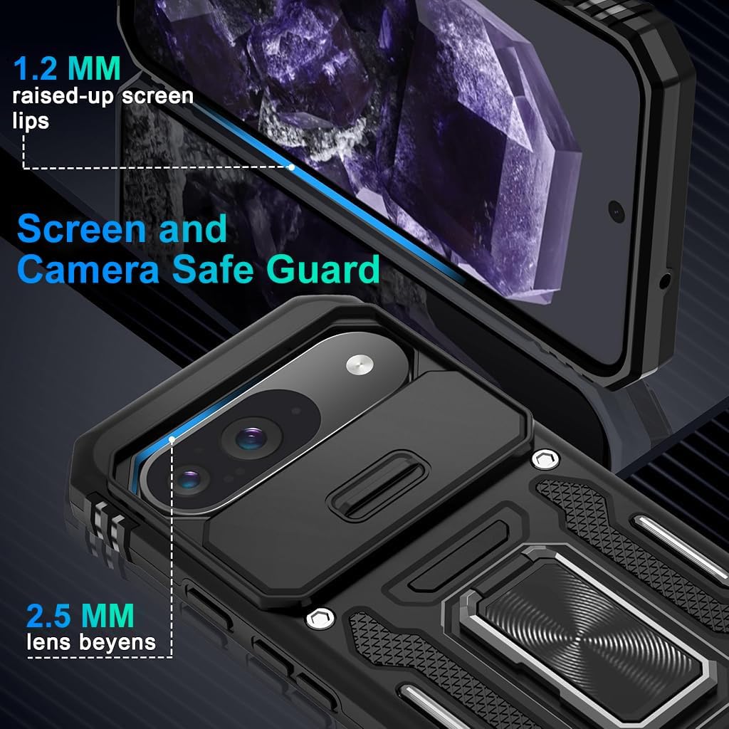 ZORBES Magnetic Phone Case for Google Pixel 9 and 9 Pro with Sliding Camera Shield | Rugged Shockproof Full Body Cover featuring Kickstand Ring and TPU Frame