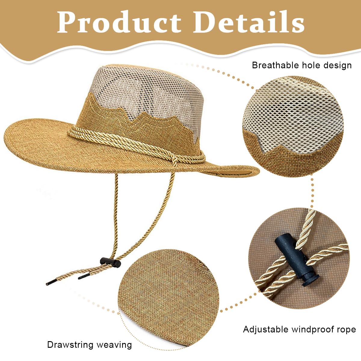 GUSTAVE® Cowboy Hats for Men, Breathable Woven Flax Sun Hat, Wide Brim Sun Protection, Fashionable Summer & Hiking Hat with Secure Chin Strap, Classic Western Style, Khaki