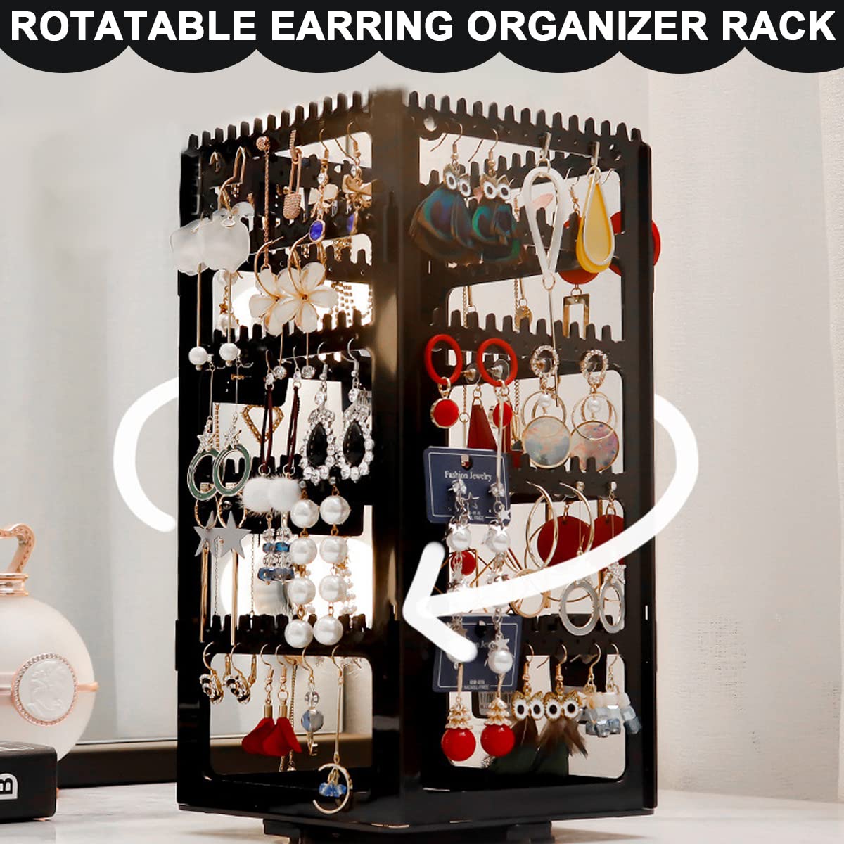 HASTHIP® 360° Rotatable Earrings Organizer Rack, 5 Layer Earring Holder Display Stand Jewelry Organizer for Ear Studs Necklace Bracelet (Black)