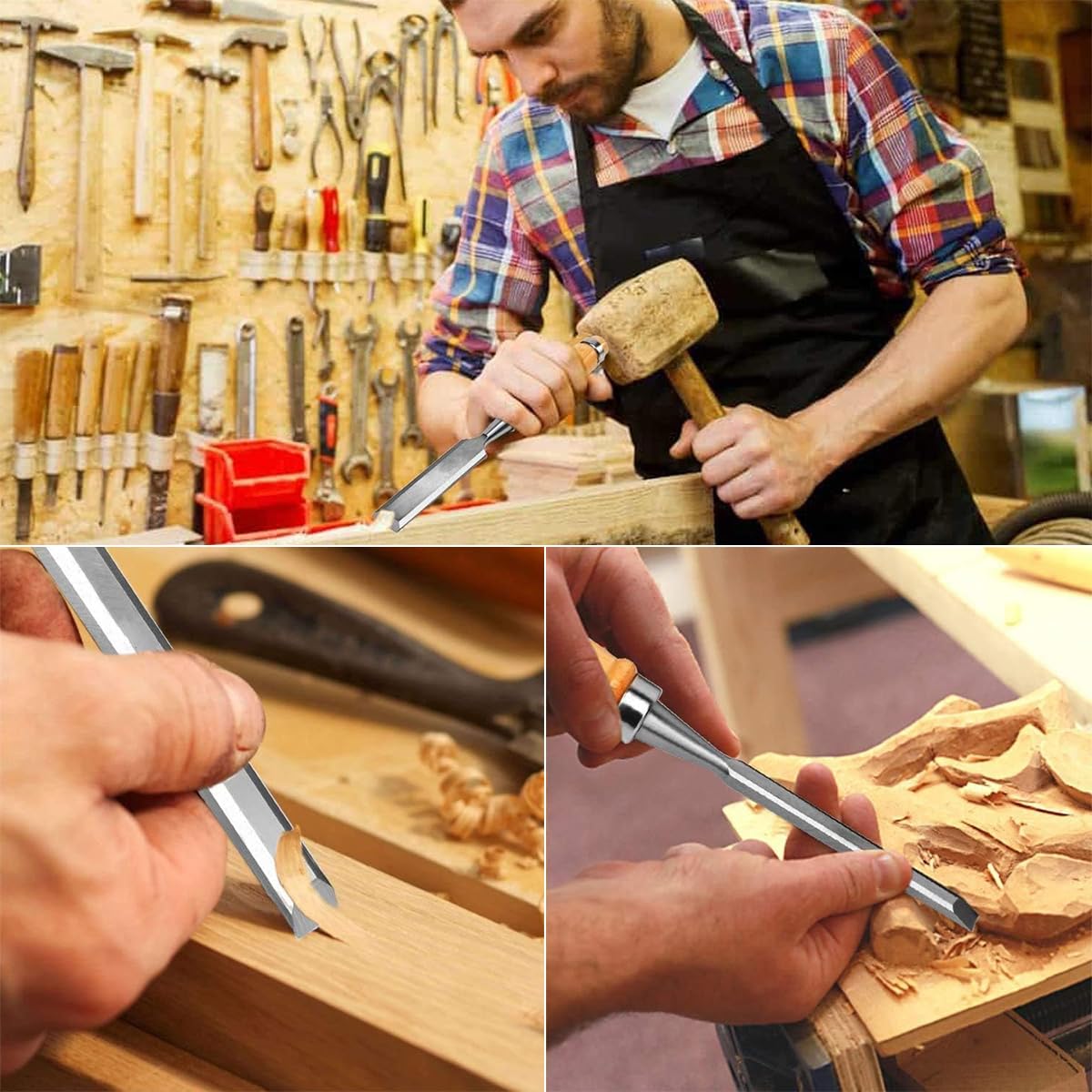Serplex Wood Craft Chisel Set for Trimming and Shaping with Wooden Handles | 4 Sizes 6mm 12mm 18mm 24mm Chrome Vanadium Steel