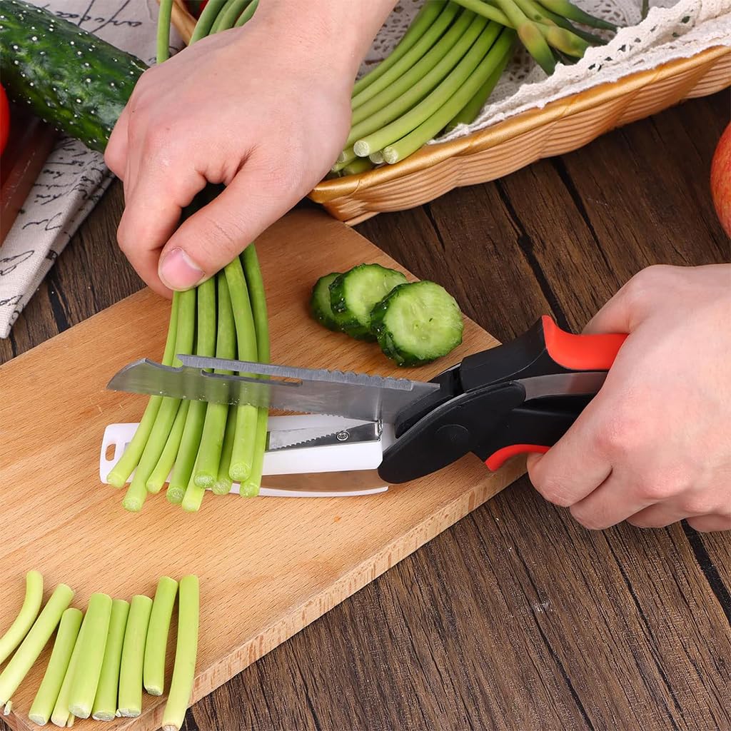 HASTHIP® Vegetable Scissors, Food Cutter Choppers Meat Scissors Kitchen Shears, Quick Vegetable Slicer with Cutting Board Knife Kitchen Must Haves Chopping Scissors for Kitchen