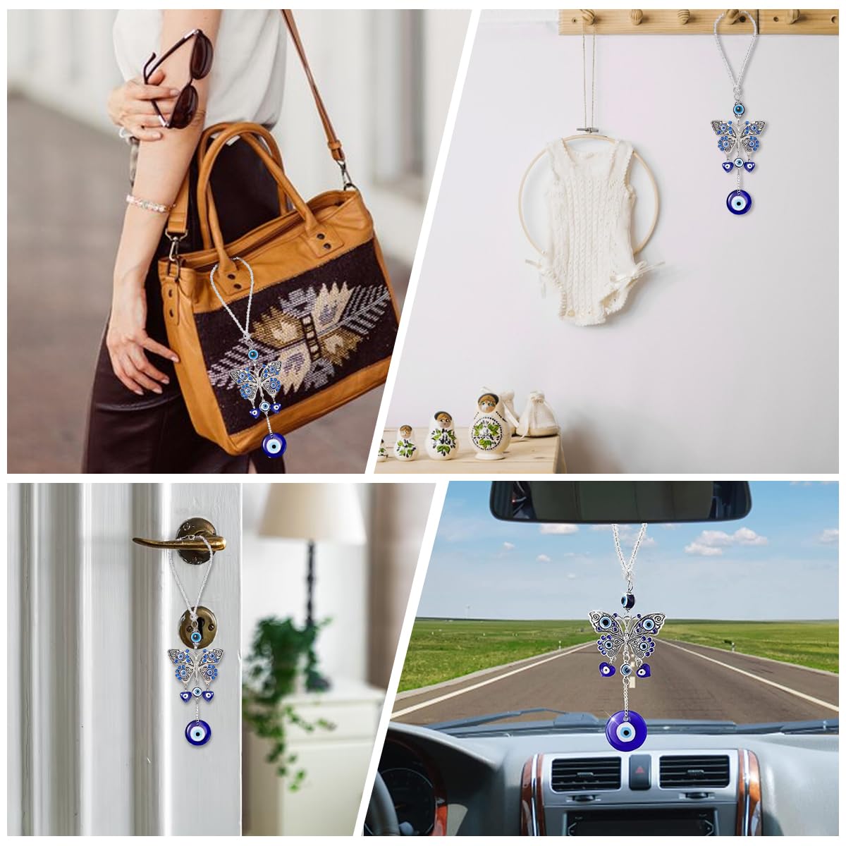 HASTHIP Butterfly Blue Evil Eye Wall Hanging for Home and Car featuring Resin Pendants | Decorative Amulet for Protection and Blessing