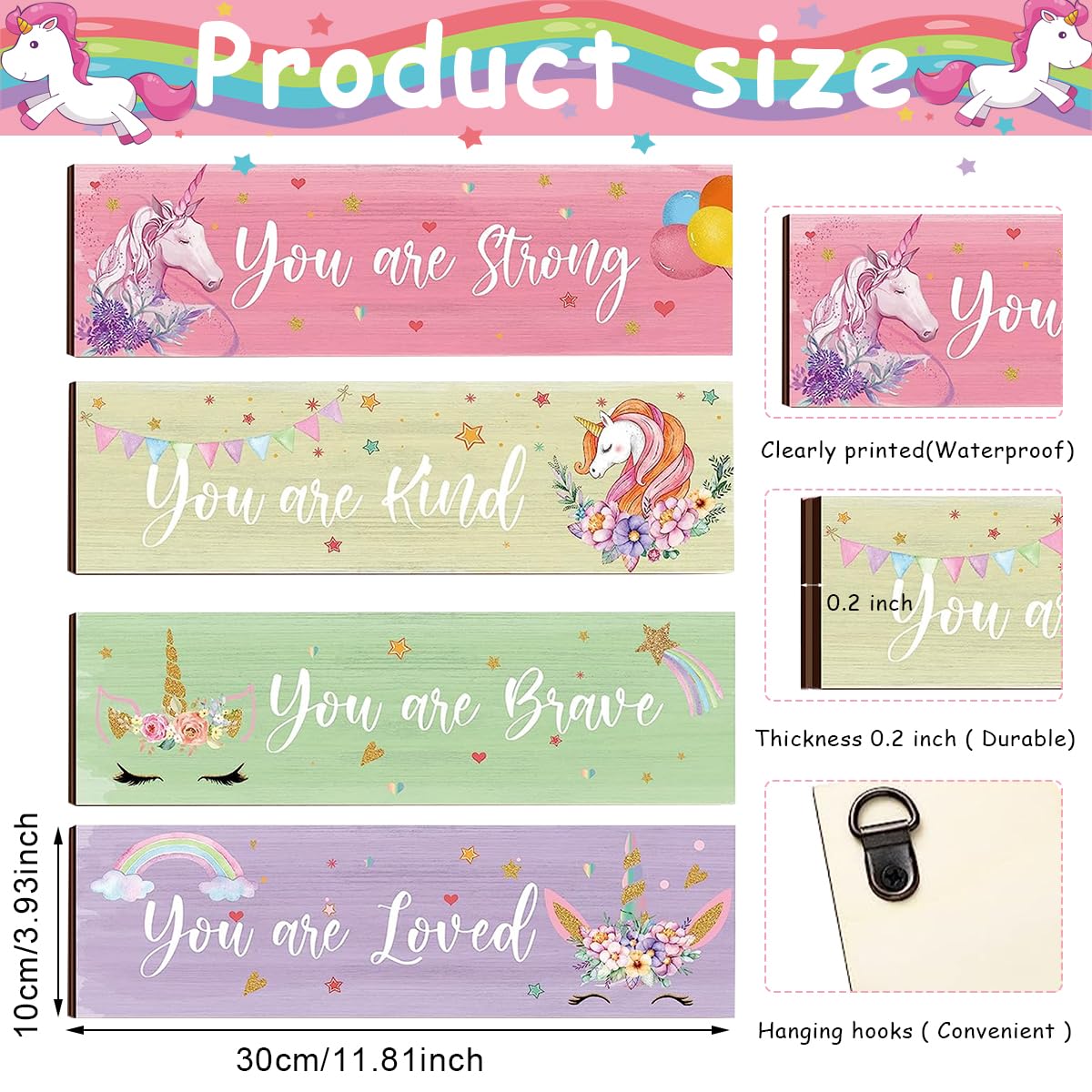 HASTHIP Unicorn Rainbow Wall Decor for Girls Room with Triangular Hooks and 11.8×3.9 in Wooden Signs | Set of 4 Inspirational Bedroom Decorations