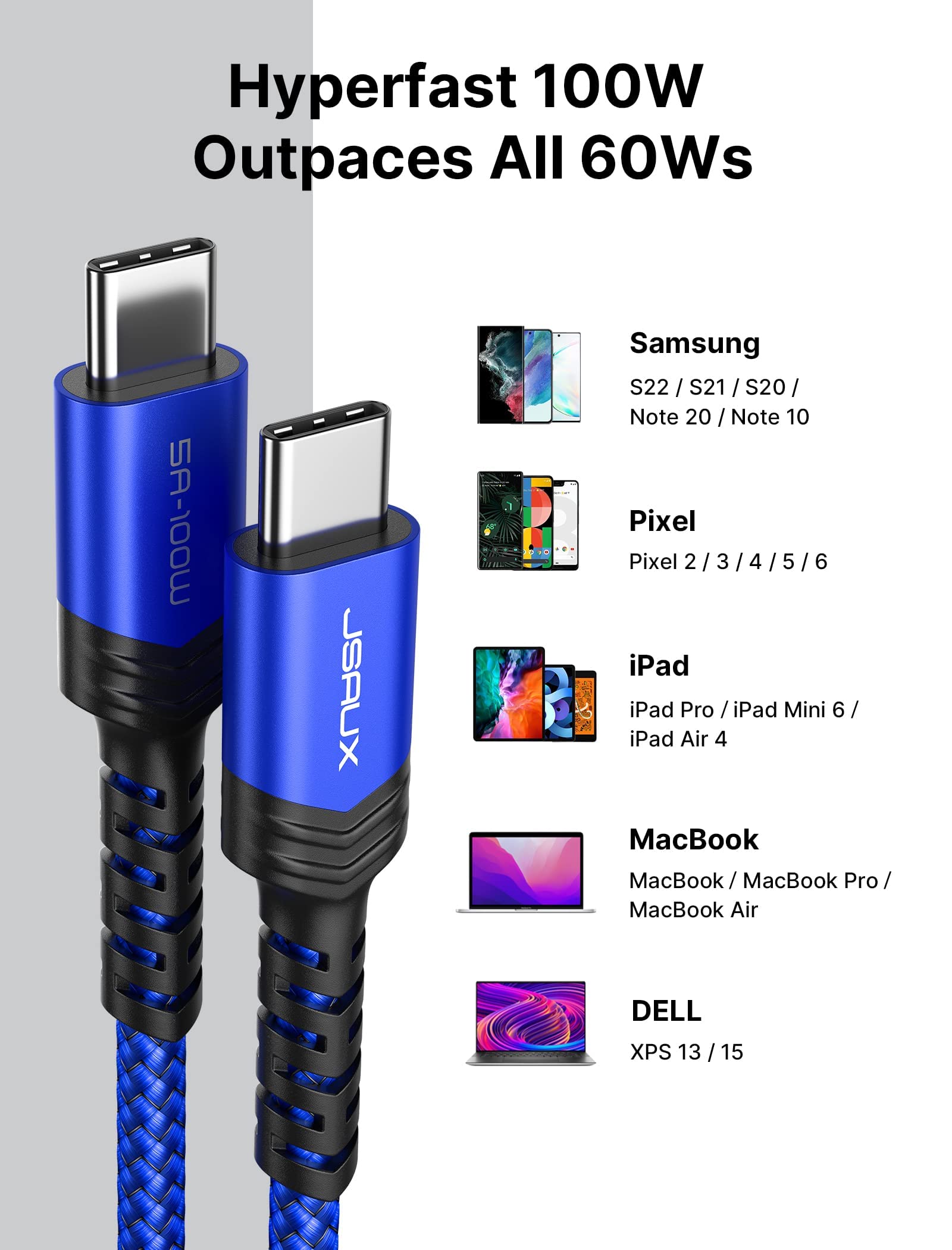 JSAUX USB C to USB C Cable for Fast Charging with 100W PD & Braided Nylon | 3-Pack 10ft 6.6ft 3.3ft