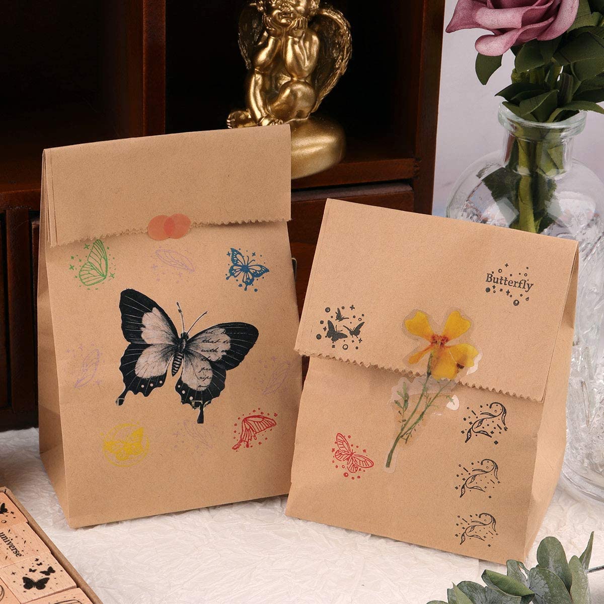 HASTHIP 16Pcs Vintage Wooden Rubber Stamps, Butterfly & Wings Decorative Stamp for Arts and Crafts, Journals, Card Making, Scrapbooking, Invitations