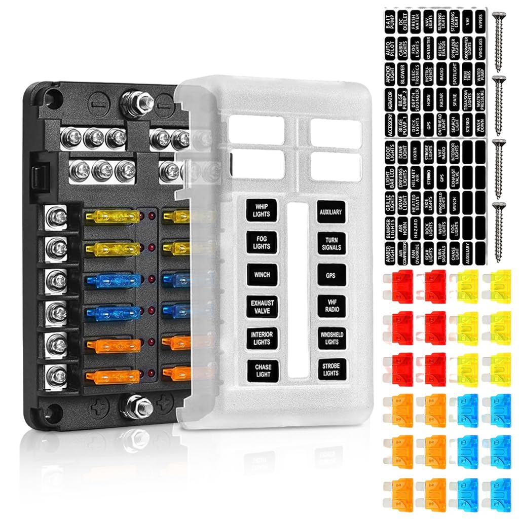 STHIRA HIRA 12V Car Fuse Box Kit with LED Indicator featuring 12-Way Blade Fuse Block | Waterproof Universal Holder for Auto Truck and Boat