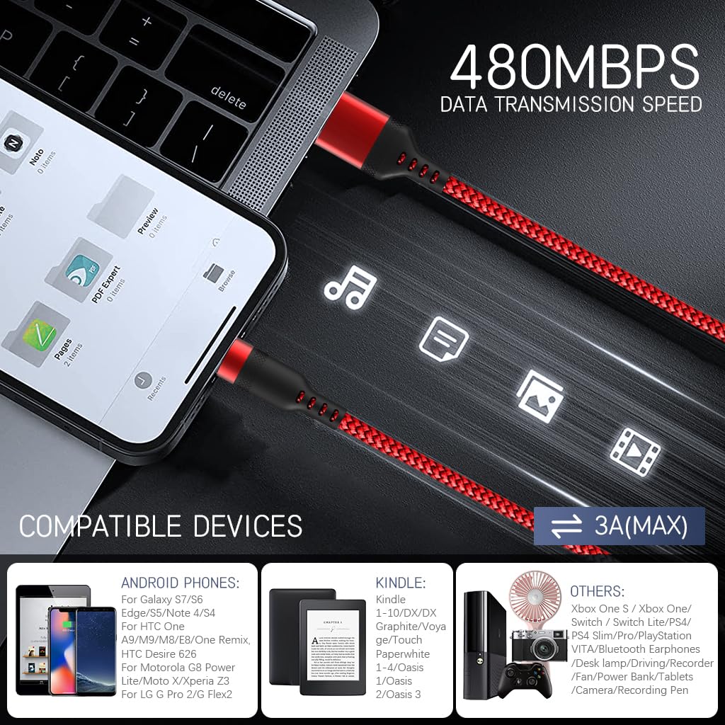 Verilux USB A to Micro USB Charging Cable 9.8 ft with Braided Nylon Build | 480Mbps Data Sync