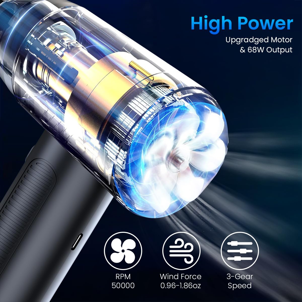 Electric Compressed Air Duster for Home and Car with 100000RPM Motor and LED Light | 6000mAh Cordless Vacuum