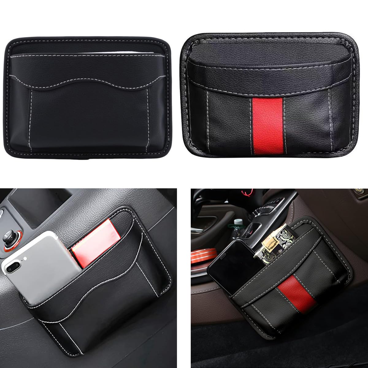 STHIRA Car Organizer Pouch for Seat Side with Self-Adhesive Backing 17x12 cm PU Leather | Black and Red