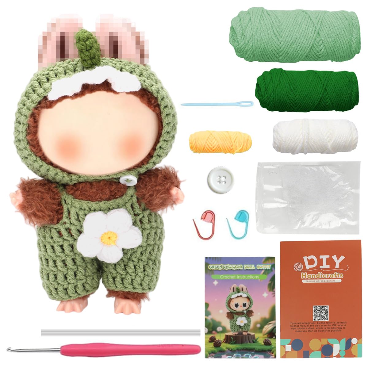 Fancyku DIY Crochet Kit for 4 Inch and 6 Inch Figures with Step by Step Guide | Cartoon Dinosaur Jumpsuit Craft Set