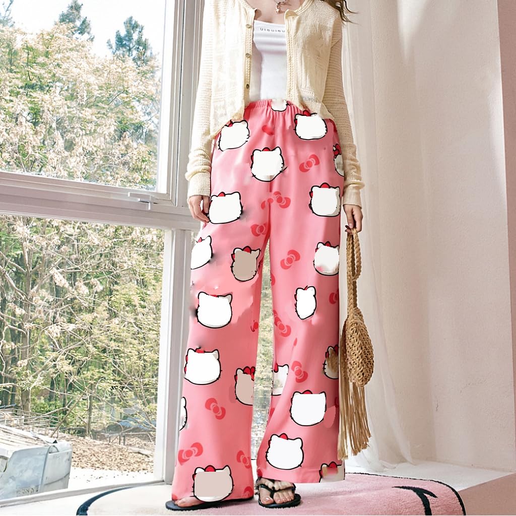 SANNIDHI Pyjama Pants for Women featuring Cartoon Kawaii Cat Print and Elastic Waistband | Soft Breathable Polyester Lounge Bottoms for Summer Comfort