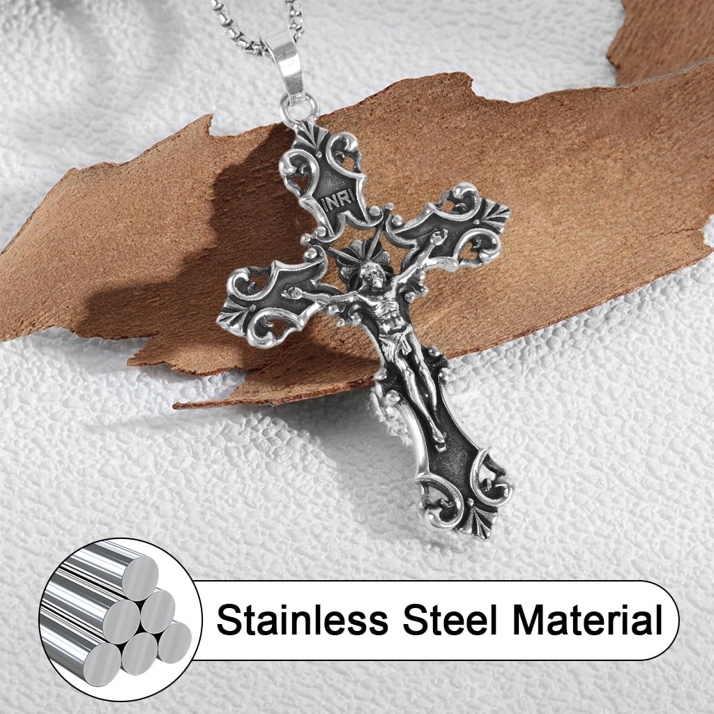 GUSTAVE Gothic Cross Necklace featuring 3D Embossed Pendant and 18–22 in Stainless Steel Chain