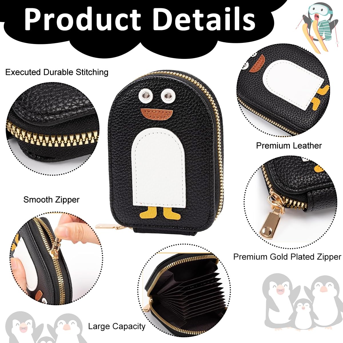 PALAY® Girls Card Bag Travel Card Holder with 10 Compartments Wallet Organizer Bag Zipper Pouch PU Cartoon Penguin Zipper Card Bag RFID Blocking Travel Card Holder