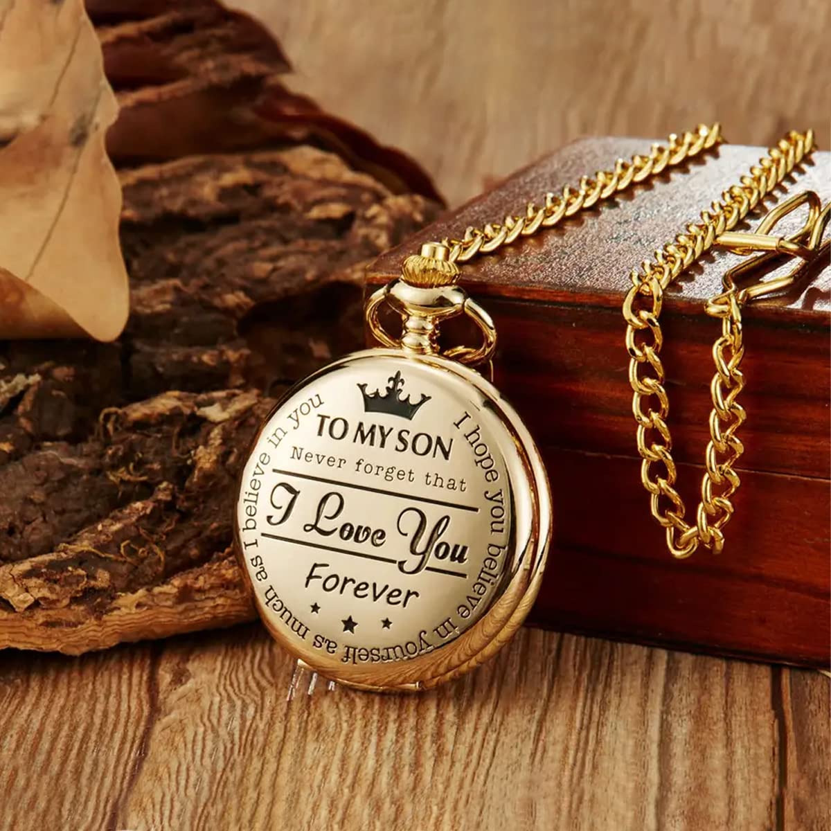 HASTHIP Pocket Watch with Chain for Men Gift for Son Creative Retro Style Alloy Pocket Watch Special Birthday Gift for Your Son 4.8cm Diameter, Golden