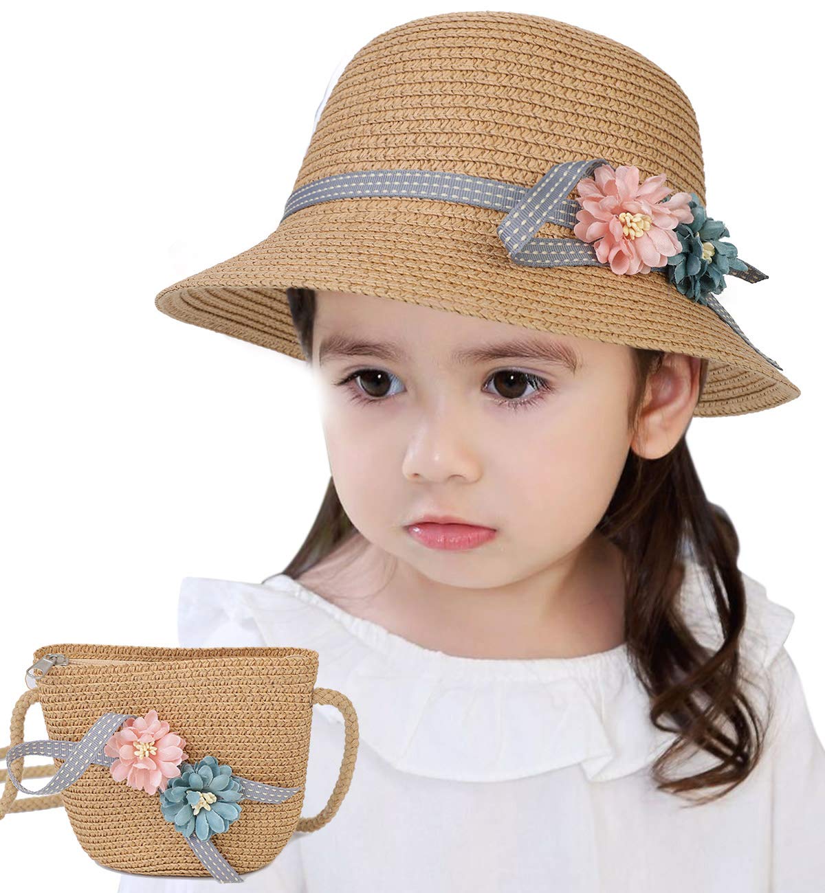 GUSTAVE® Women Summer Straw Travel Hats for Travel Outdoor Beach Hats with Straw Woven Pouch for Girls 4-6 Year-Old Kids Coffee