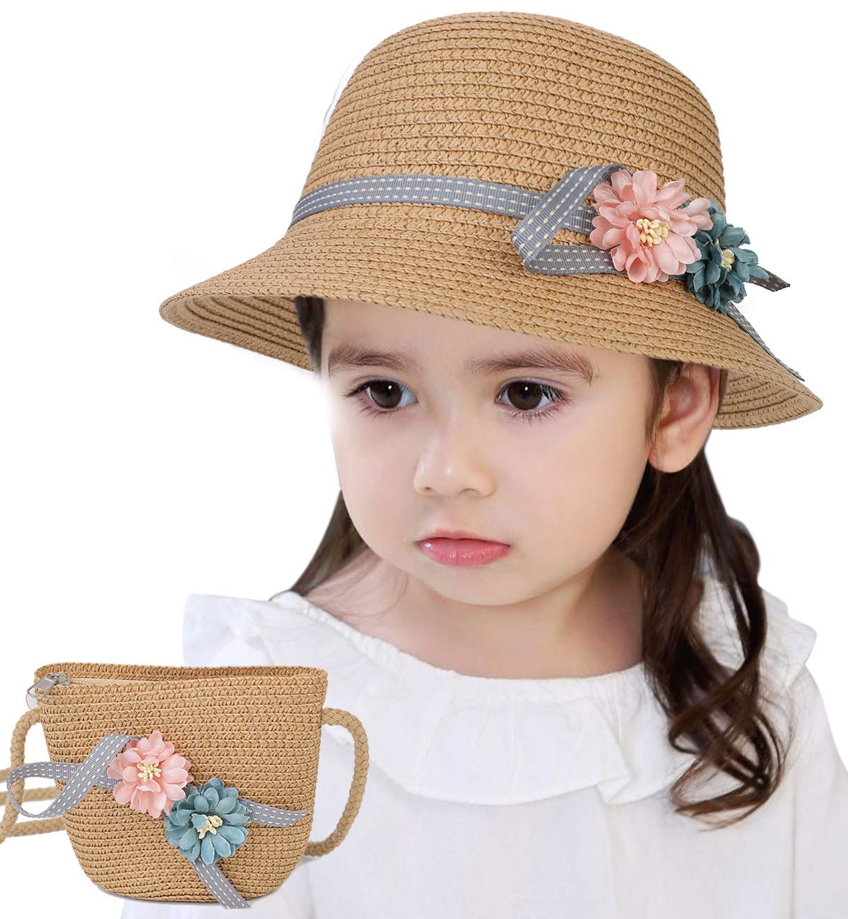 PALAY Girls Straw Beach Hat for Outdoor Travel with Matched Straw Bag in Coffee | 19-20.5 in Head Circumference