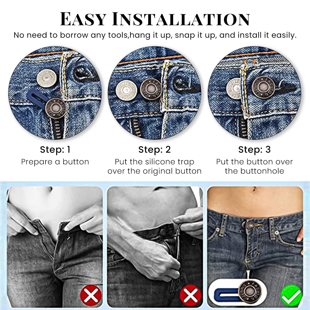 HASTHIP Pants Waist Button Extender for Jeans with Elastic Metal Buttons 6pcs | No Sew Adjustable Waistband Expander