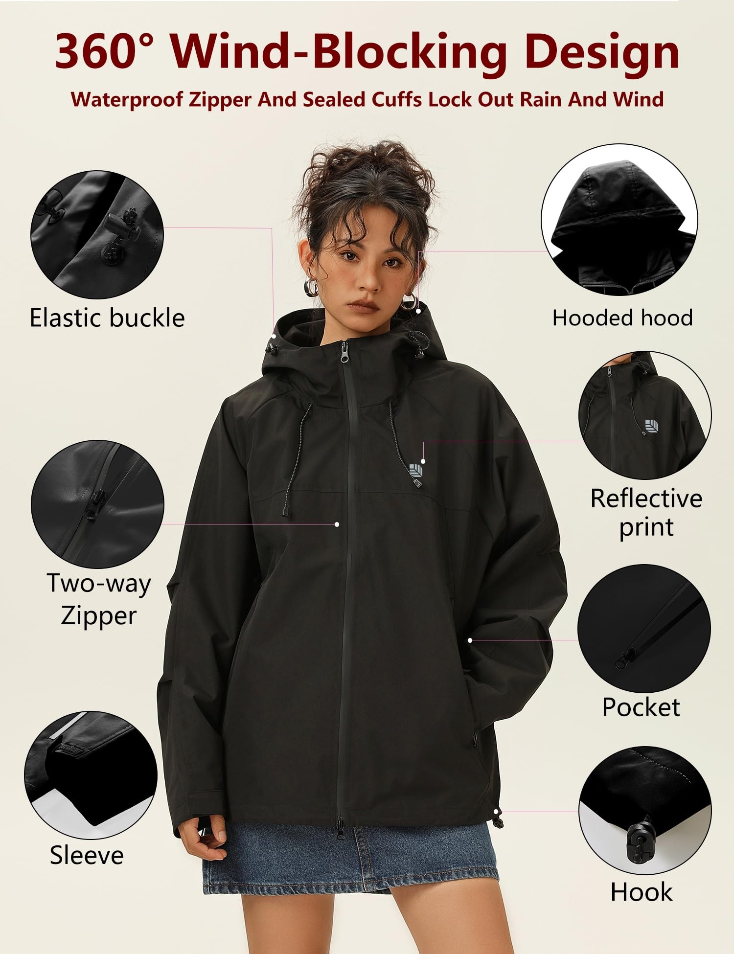 Venzina Women's Waterproof Jacket for Travel and Commuting with 75D Fabric | Windproof Structured Coat Black