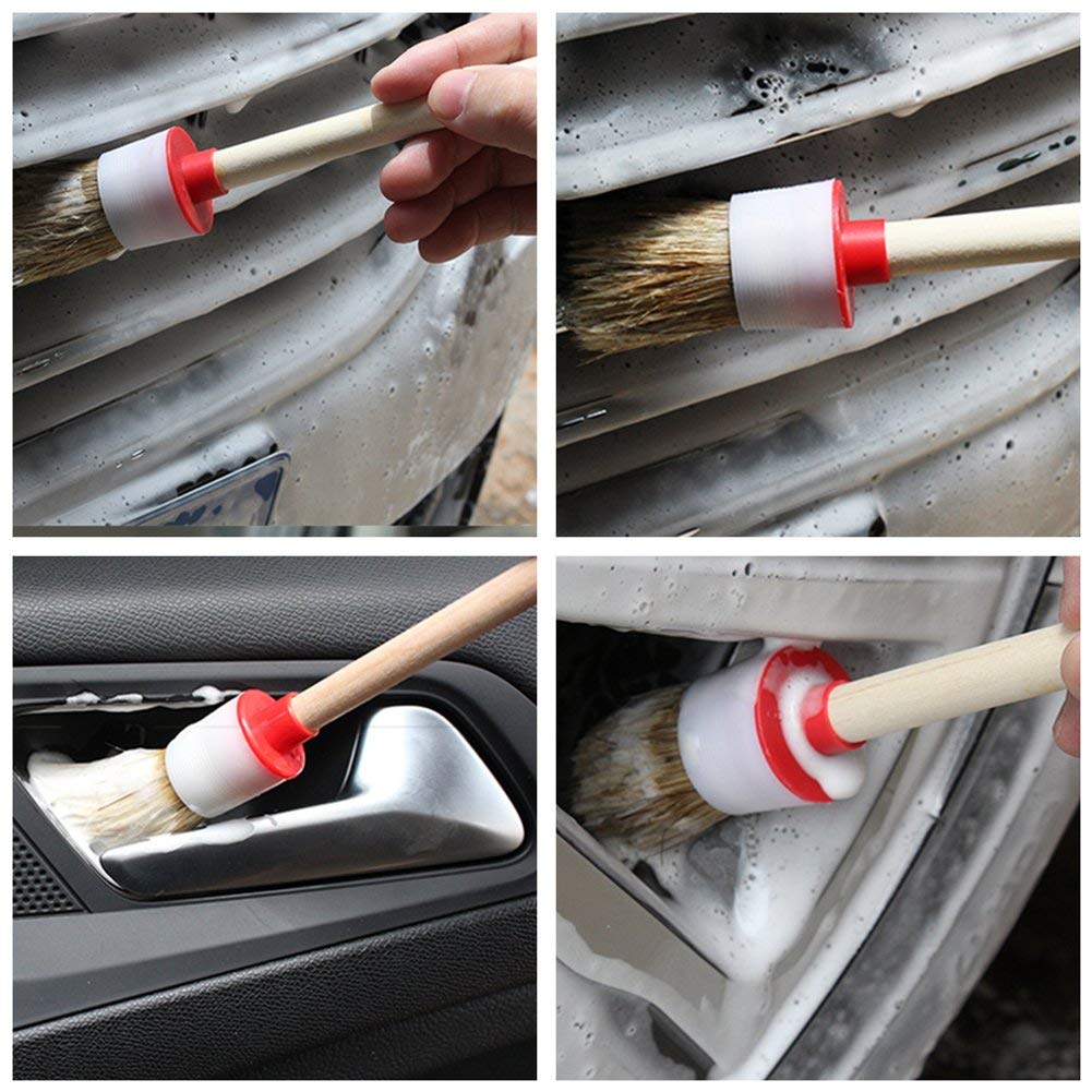 STHIRA Car Cleaning Brush Set for Wheels and Interior featuring Ergonomic Handle & 7pcs Natural Boar Hair Brushes