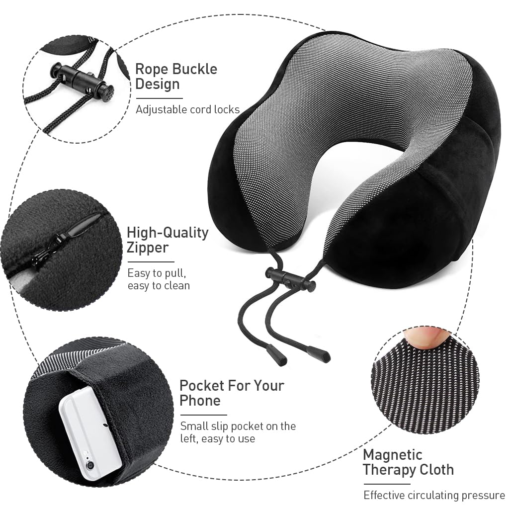 ZIBUYU Memory Foam Neck Pillow Set U-shape Neck Pillow Airplane Travel Sleeping Neck Pillow Set with with Eye Mask, Ear Plugs & Storage Bag