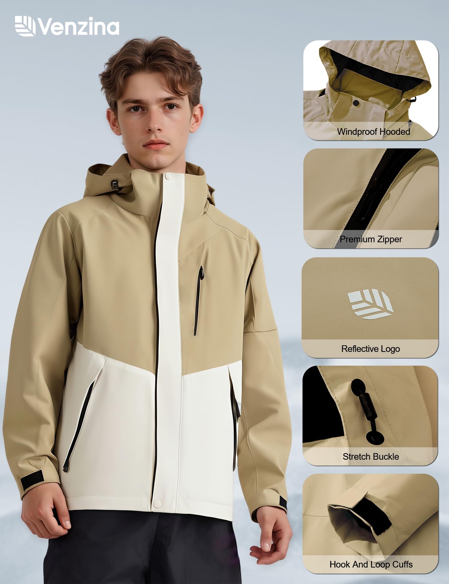 Venzina Men's Lightweight Jacket for Hiking and Cycling with Reflective Sleeves | Breathable Windproof Water‑Repellent Coat in Light Khaki