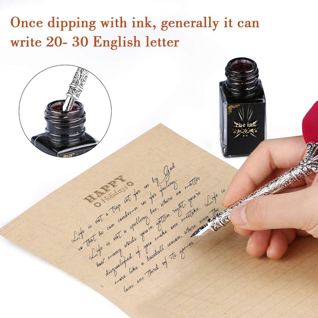 HASTHIP® English Calligraphy Feather Dip Quill Pen Writing Ink Set Stationery Gift Box with 5 Nibs and Ink Red 2 PCS