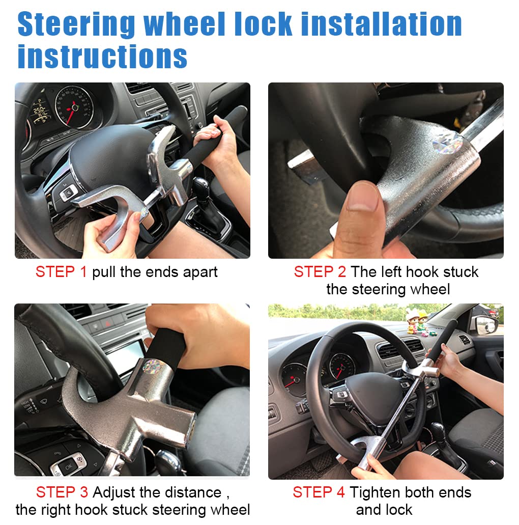 ELEPHANTBOAT Car Steering Wheel Lock for Auto Truck SUV with 3 Keys and Retractable Steel | Adjustable 6.7–10.4 in Design featuring Soft Foam Handle
