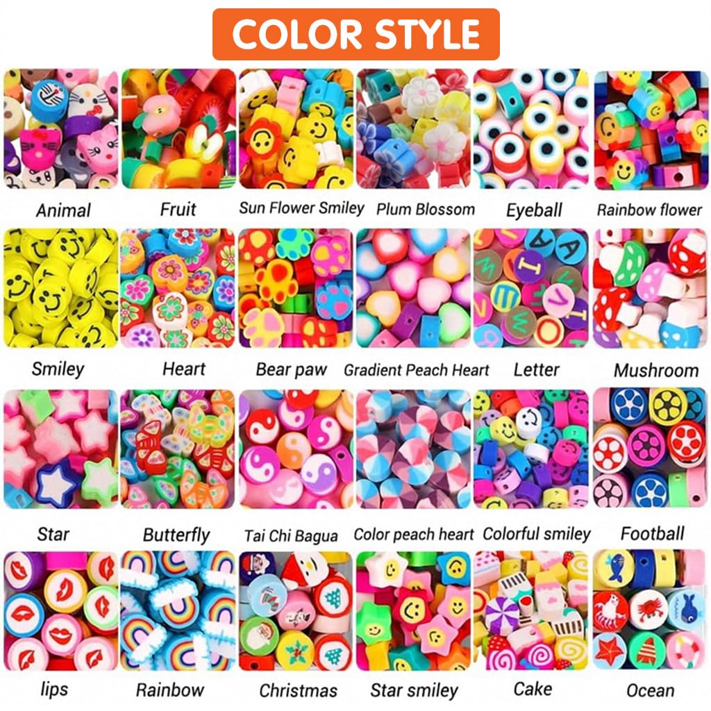 Venzina® 480pcs Polymer Clay Beads for Jewellery Making, 24 Styles Fruit Flower Clay Beads Bracelet Kit, Cute Smile Face Heart Spacers Beads for Women Girls Necklace Earring Making DIY Grafts